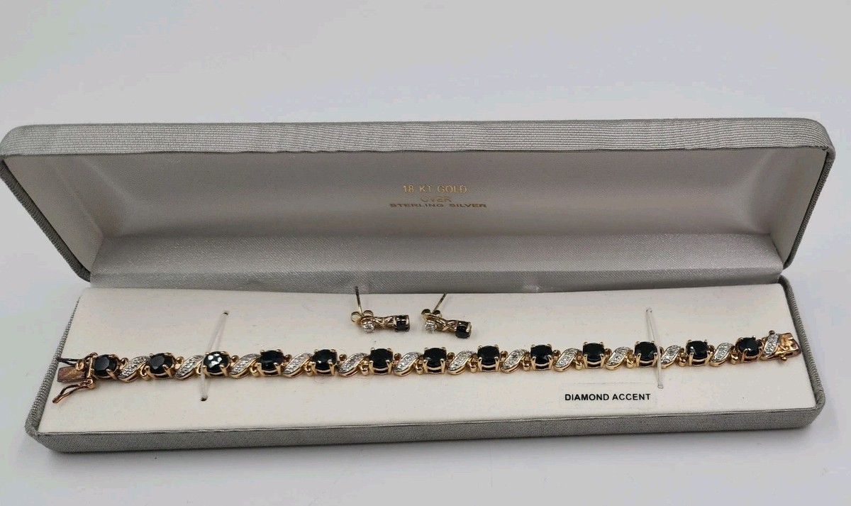 18K Gold over Sterling Silver diamond & sapphire bracelet  / Earrings  set 925