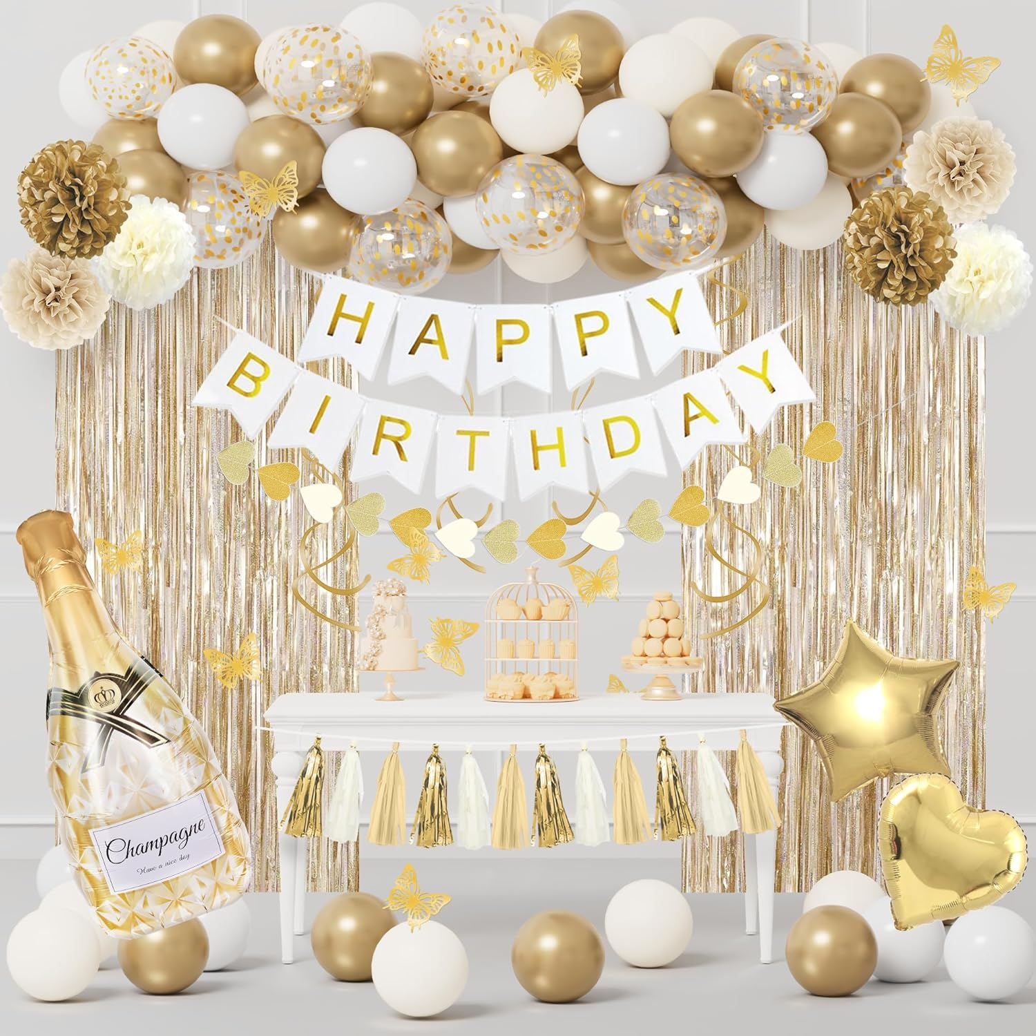 White and Gold Birthday Party Decorations Kit for Women Girls, Gold White Sand C