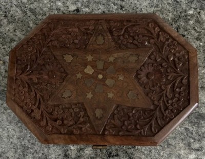 Vintage Handcarved Octagonal Wood Box Star Design Brass Elephant Inlay