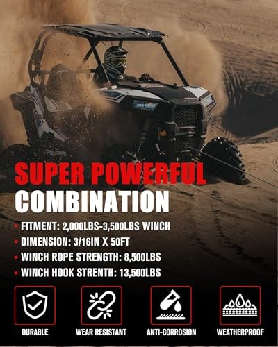  3/16inch 50FT 8500LBS Synthetic Winch Rope Cable Kit with Forged 3/16inx50ft