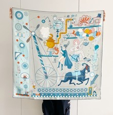 14 Momme 100 Silk Mulberry Twill Scarf 35'' Square Shawl Horse Blue Print Wrap