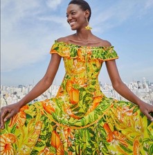 Farm Rio Off Shoulder Ruffle Midi Dress Tangerine Print Tropical Resort Vacation