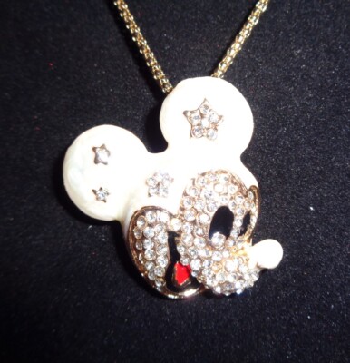 Everyone's Favorite Mic Mouse Necklace or Pin Crystal & Enamel Goldtone Chain