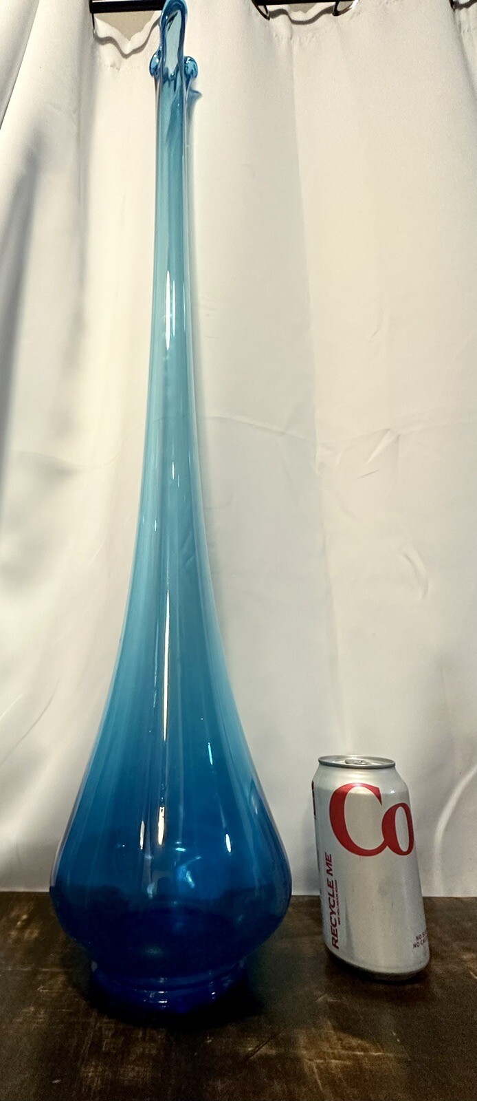 HUGE! Vintage MCM LE Smith 41” Tall Aqua Blue Swung Glass Floor Vase