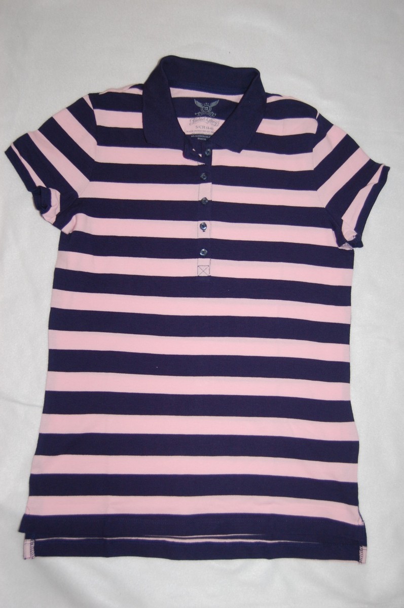 Womens S/S Polo Shirt LIGHT PINK NAVY BLUE STRIPE Cap Sleeve