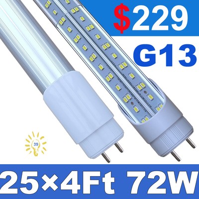 72W T8 4FT LED Tube Light Bulb 25PCS LED Shop Lights G13 2-Pin LED Garage Lights