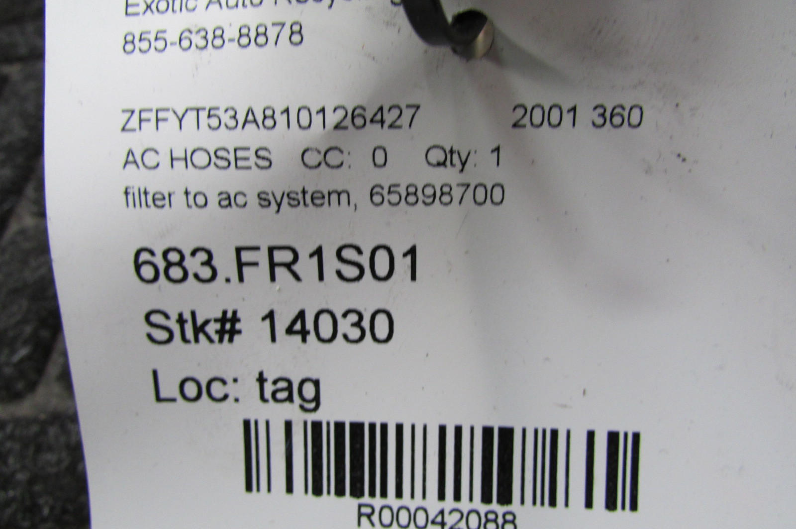 Ferrari 360, AC Hose, Filter To Evaporator, With Sensor, Used, P/N 65898700