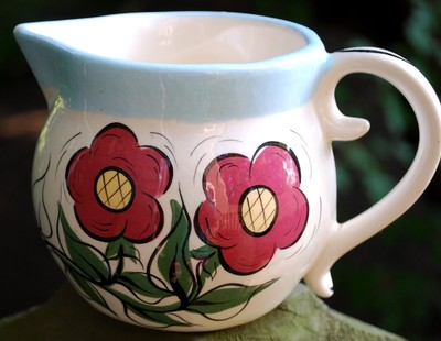 Vintage HAND PAINTED 'It Gives Milk' FOLK ART FLOWERS Pottery Pitcher MILK JUG