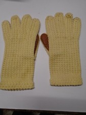 Yellow Cotton Gloves  w/ Leather Trim on Palms Size Small 7" around hand VTG