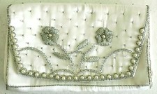 Vintage Clutch Evening Purse, White Satin the Silver Beads and Pearls, Le Regale