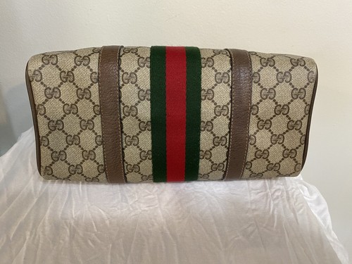 VTG GUCCI SUPREME BROWN PVC GG LOGO SPEEDY BOSTON BAG W/ RED GREEN WEBBING - Picture 6 of 10