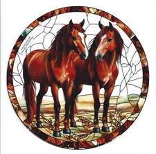 Two Horses Suncatcher - Stained Acrylic 8" Window Wall Hanging  Chain