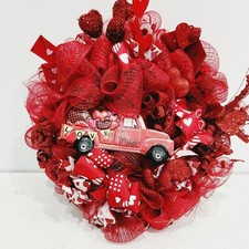 Valentine's Day Door Wreath 22" Red Indoor Outdoor Mesh Ribbon Decor Handmade