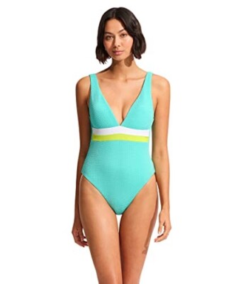 Seafolly L81832 Slice of Splice Deep V-Neck One-Piece Swimsuit Size US 12