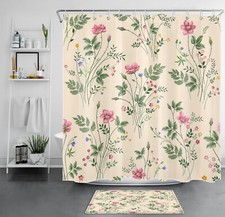 Plant Green Leaf Pink Wildflower on Beige Shower Curtain Set for Bathroom Decor
