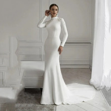 Elegant Mermaid Wedding Dresses High Neck Satin Muslim Bridal Gowns Court Train