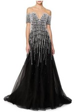 PAMELLA ROLAND CRYSTAL BEAD OFF THE SHOULDER GOWN SZ US 8 MRSP: 7480