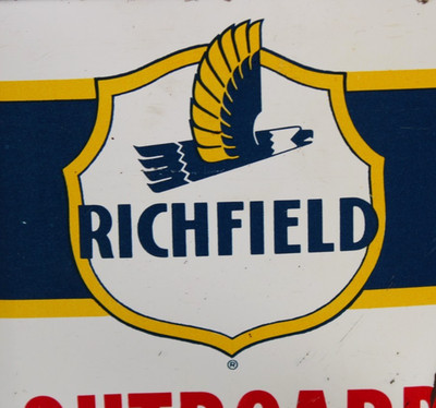 early 1950s era RICHFIELD OUTBOARD MOTOR OIL Old 1 quart Tin Can