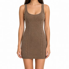 Promesa Mini Bodycon Dress Women's Medium Beige Scoop Neck Wide Strap Cable Knit