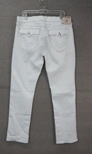 True Religion Jeans Mens 36x32 Ricky Relaxed Straight Big T Flap White Denim
