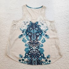 Maurices Tank Top L Boho Crochet Cream Blue Cottage Vneck Loose Fit Summer