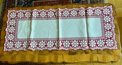 Tischläufer Mitteldecke Leinen Handarbeit Kreuzstich 92 x 37 natur rot Vintage