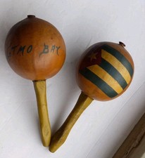 Vintage Maracas Hand Painted  Carved Gourd Souvenir Guatanamo Bay Cuba Gitmo