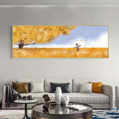 Panoramic Cute Beige & Golden Leaf Canvas Wall Art Home Decor