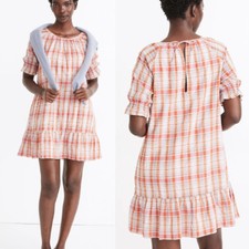 NWT Madewell Women's Plaid Ruffle-Sleeve Popover Mini Dress Enamel Red Size S