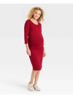 Women Maternity T-Shirt Dress Isabel Maternity Ruched Dark Red NWT XS