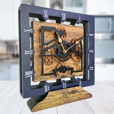 The Gears Clock CANADA LINE DESK CLOCK SQUARE (HYBRID WALL) 10 IN VINTAGE BROWN