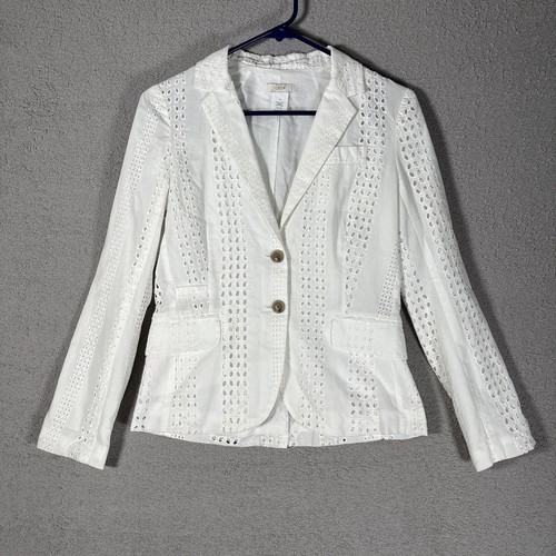 Blazer donna J Crew taglia 4 bianco avorio cotone occhielli ritaglio leggero viaggio - Foto 2 di 14
