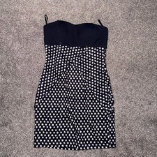 Charlotte Russe Women's Navy Blue and White Polka Dotted Strapless Dress - Small