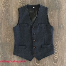 Retro Mens Wool Blend Waistcoat Tweed Herringbone Vests Gilet Suit Business Coat