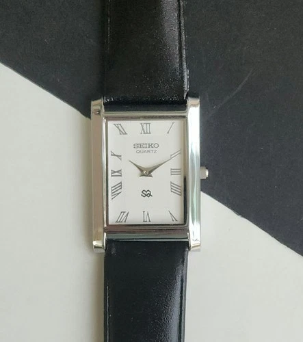 Vintage Seiko Slim Tank Quartz Men White Dial Dress Watch-Free Shipping