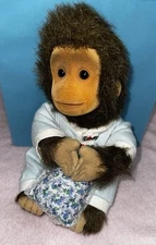 Hosung Monkey Plush Blue Pajamas Holding Pillow 10 Inch 1994 Vintage