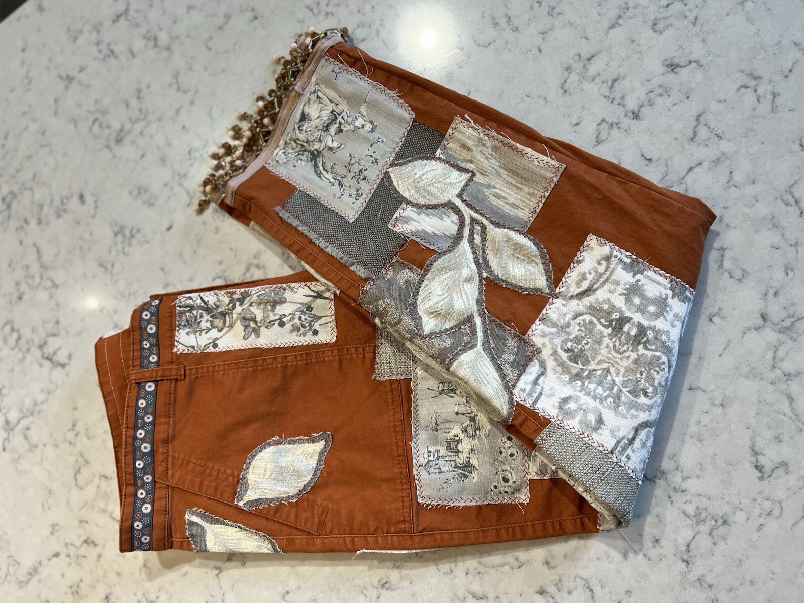 Patchwork Upcycled Pants Gray And Rust Boho - image 15