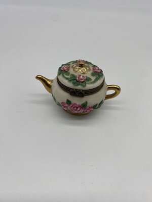 Vintage Ceramic Teapot w/spoon inside,  trinket Box , Vitorian Style 1 1/2'' x 3''
