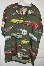Vintage Paradise Found Classic Cars Hot Rods Hawaiian Made Button-Up Shirt Sz L