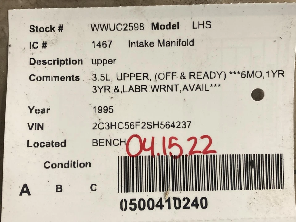 Used Upper Engine Intake Manifold fits: 1995 Chrysler Lhs 6-215 3.5L upper Upper Foto 3 de 4