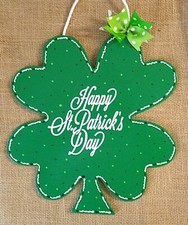 Happy St. Patrick's Day Sign Four Leaf Clover Shamrock Door Plaque Hanger