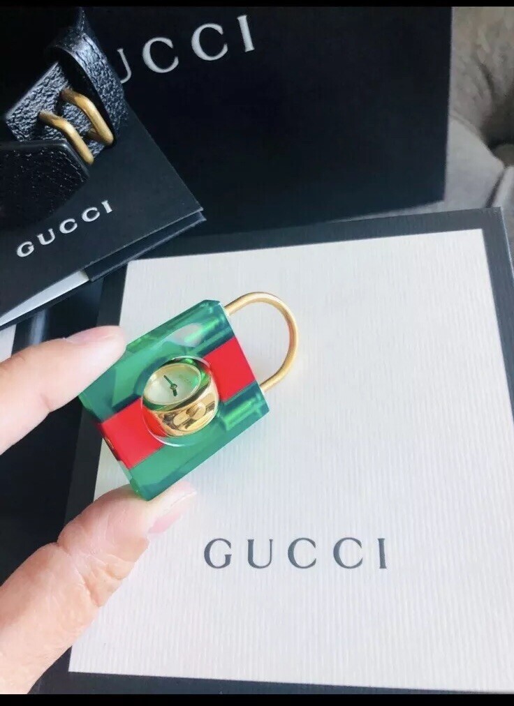 Gucci Watch Green And Red Plexiglass Padlock Black Leather 