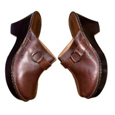 Born Women's Platform Leather Clogs Mules Size 9 Chunky Buckle Comfort Brown