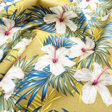 Cotton Fabric - Hawaiian Hibiscus Floral on Ochre Gold - Craft Fabric Material