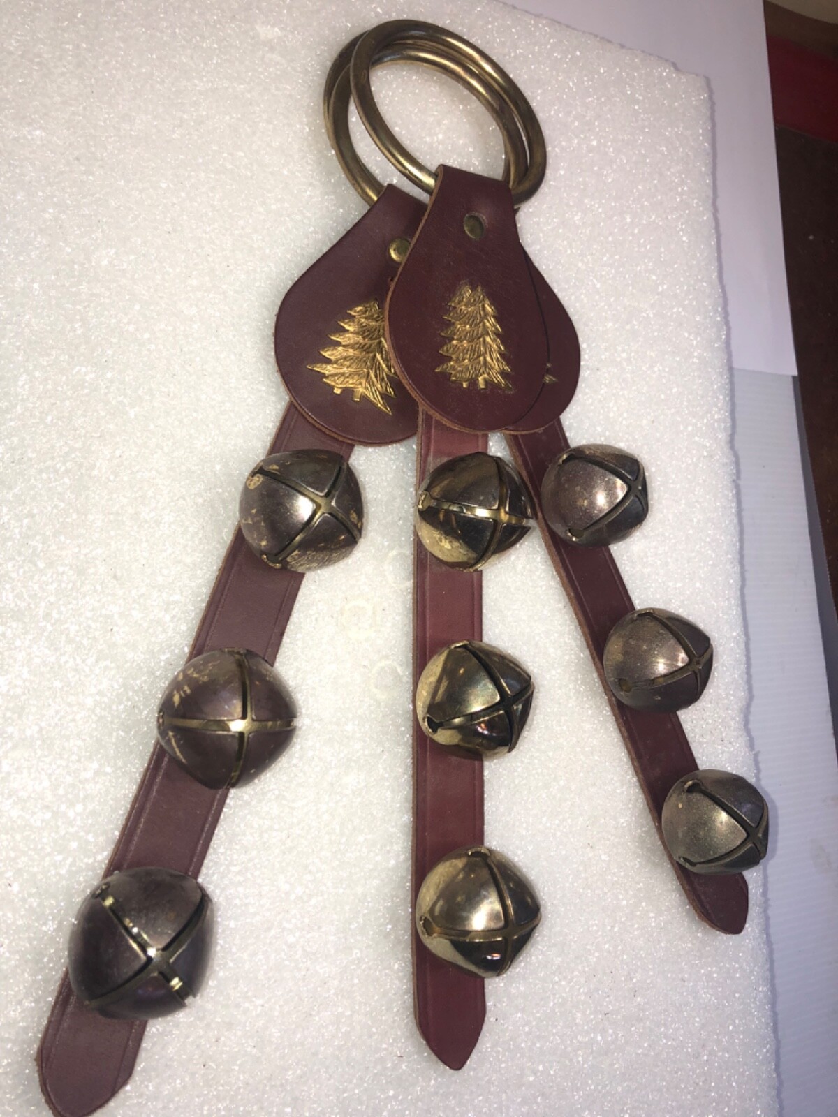 Three (3) 14”  Sleigh Jingle Bells On A Leather Strap Christmas Reindeer 9 Bells