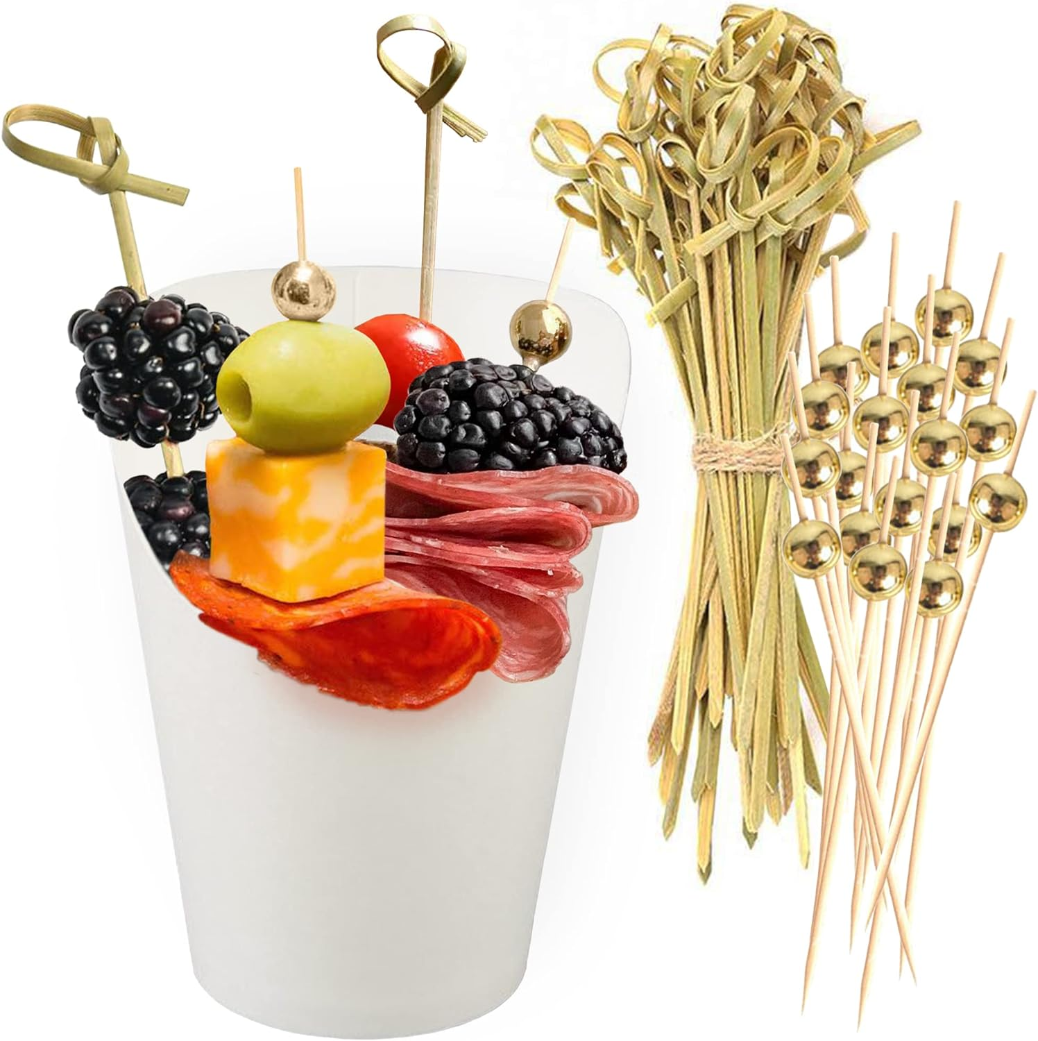 50-Pack 14oz White Charcuterie Cups with 200 Wooden Sticks - Wide Mouth Serving Bowls for Cheese & Snacks