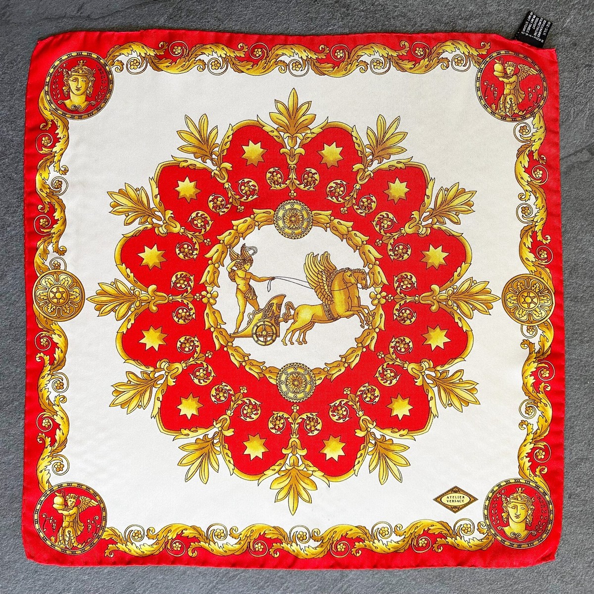 GIANNI VERSACE silk neck scarf Baroque and Roman Rider print