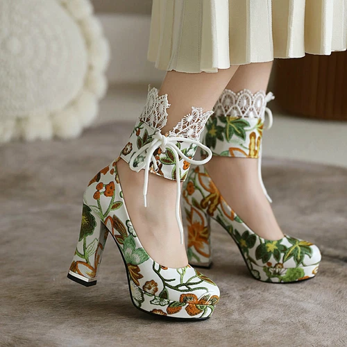 Scarpe da sposa donna stampa retrò punta rotonda pizzo tacco spesso tacco super alto - Foto 2 di 17