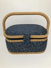 Vintage Tapestry Wicker Woven Sewing Box Basket Pin Cushion Plus Accessories
