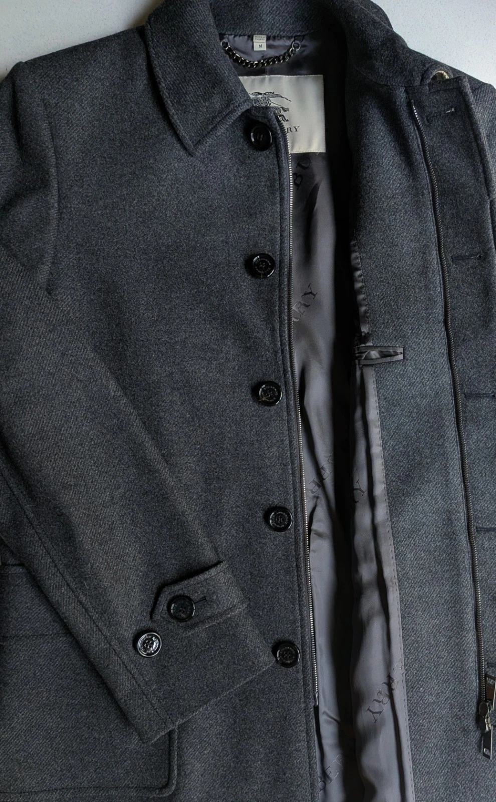 Vintage BURBERRY London Mens Wool Car Coat M Gray Charcoal Nova Check Collar  image 12